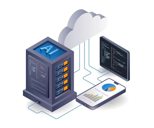 Artificial intelligence cloud server programmer, flat isometric 3d illustration
